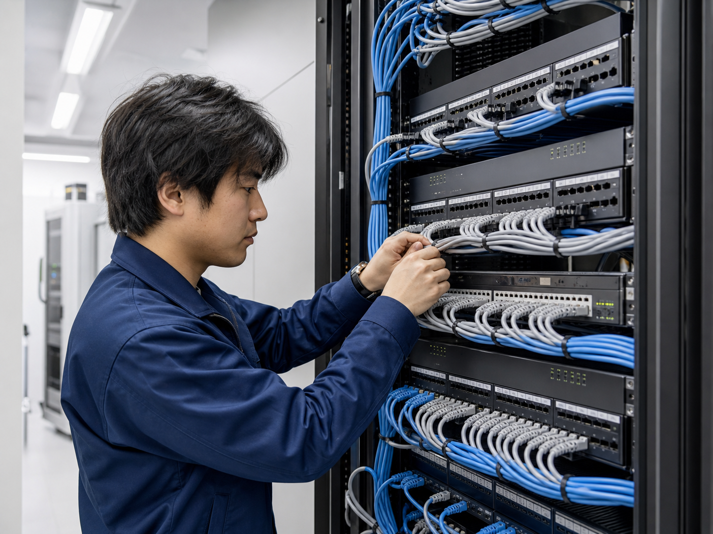 施設の通信ラックでLAN配線を整える技術者