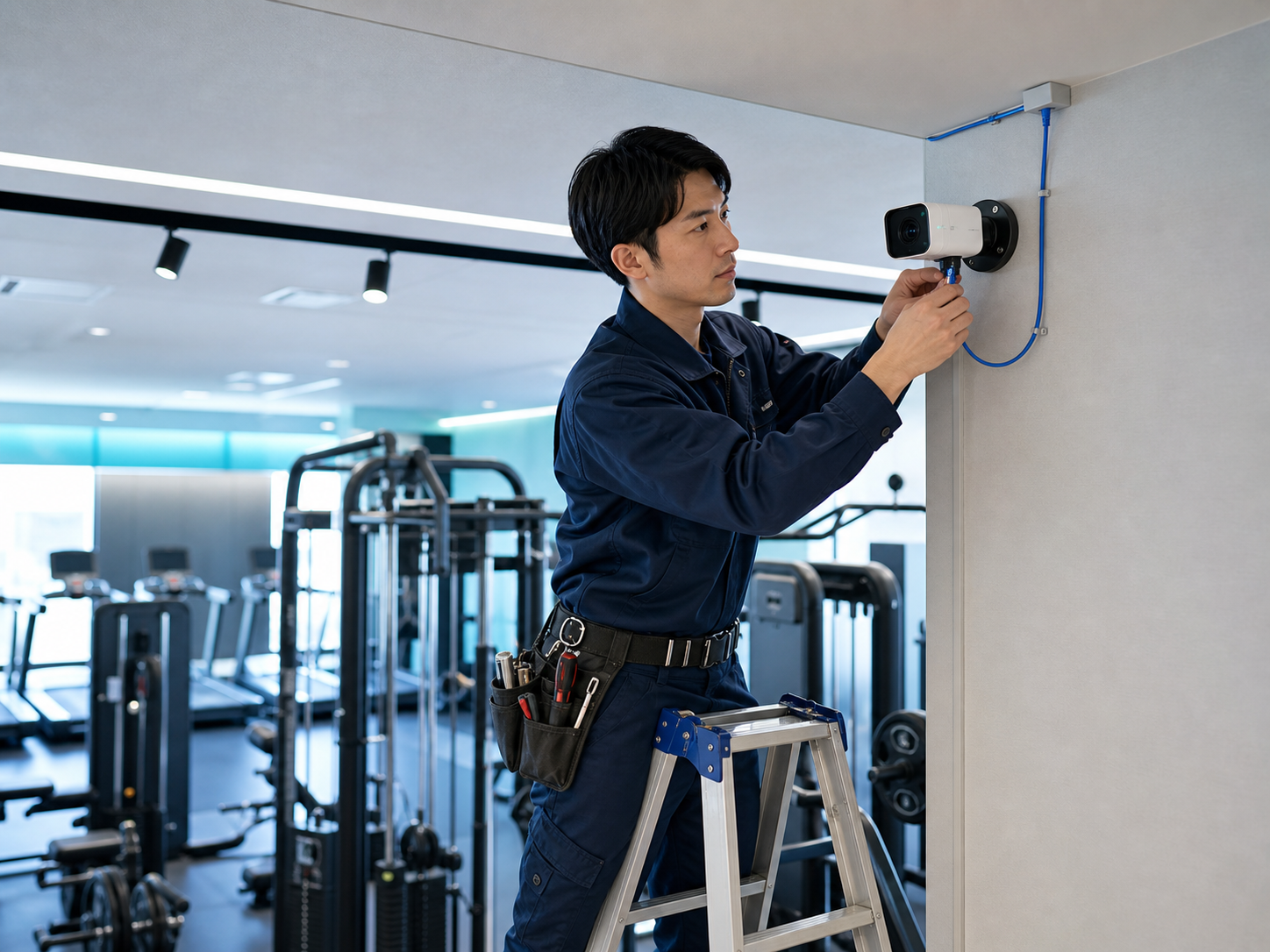 フィットネスジムで解析カメラを施工する技術者